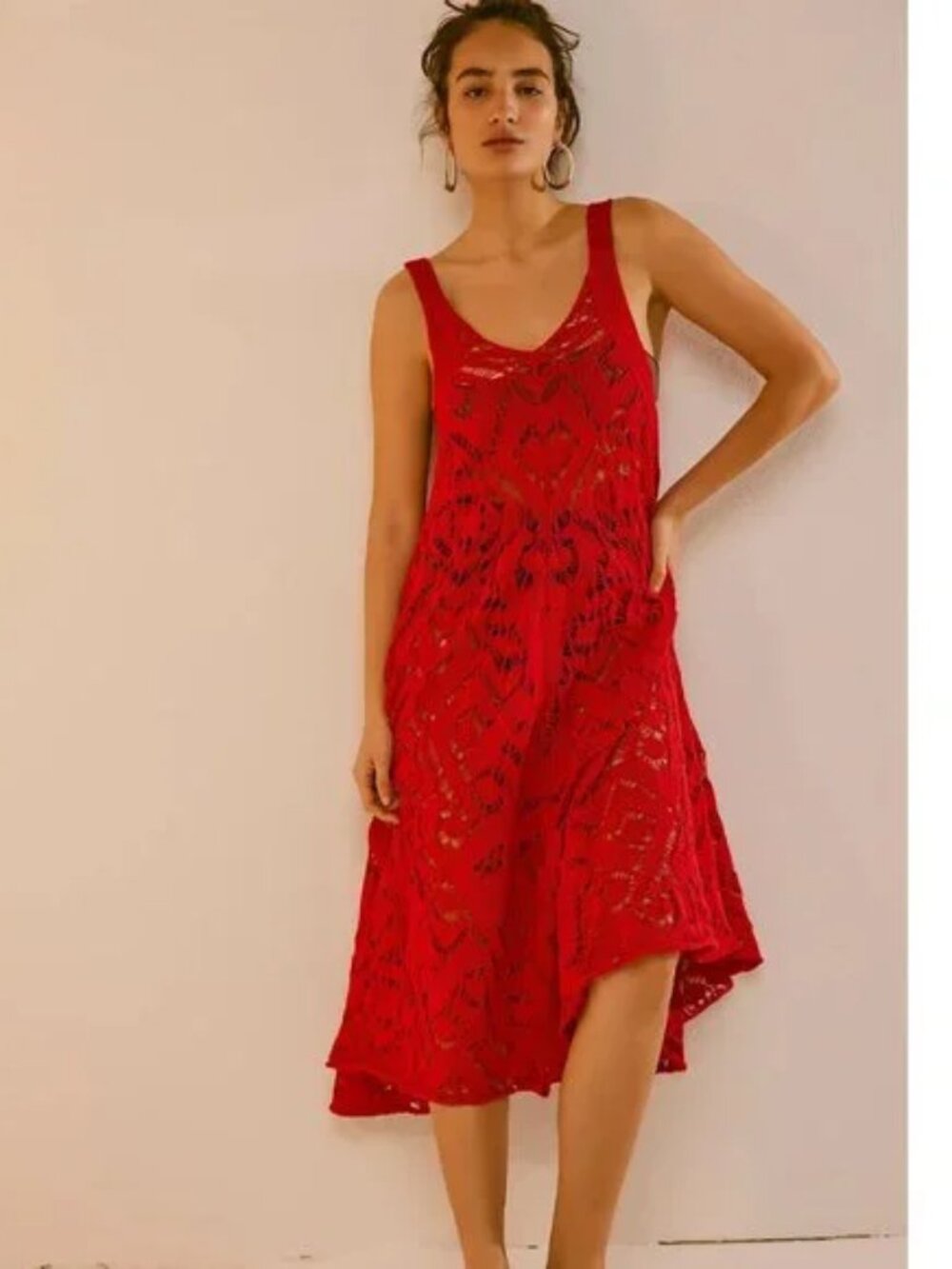 Free People Bianca Fauxchet Knit Midi Dress Beach Cover-Up Red Size XS NWOT